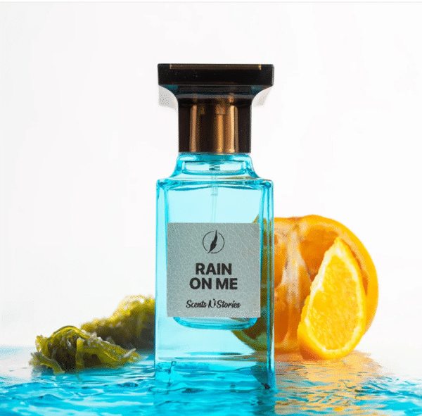 Rain On Me men’s woody aquatic perfume spray 50ml with citrus, sea, and woody notes.