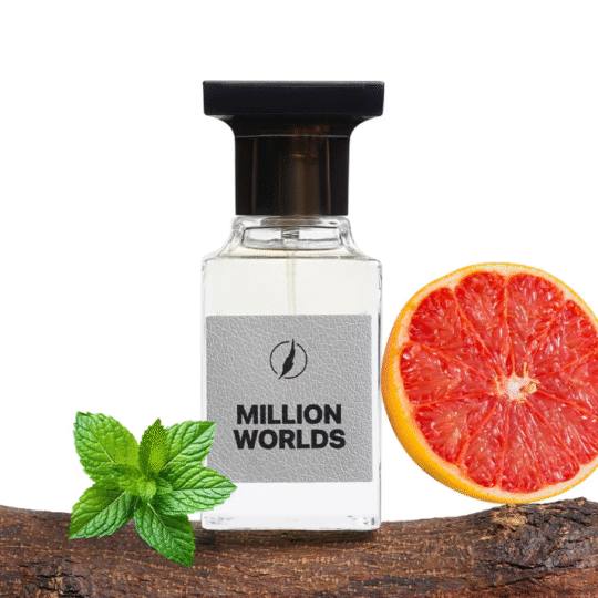 Million Worlds men’s woody spicy perfume spray 50ml with citrus, cinnamon, and leather notes.