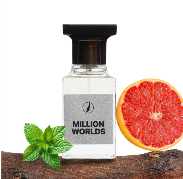 Million Worlds men’s woody spicy perfume spray 50ml with citrus, cinnamon, and leather notes.