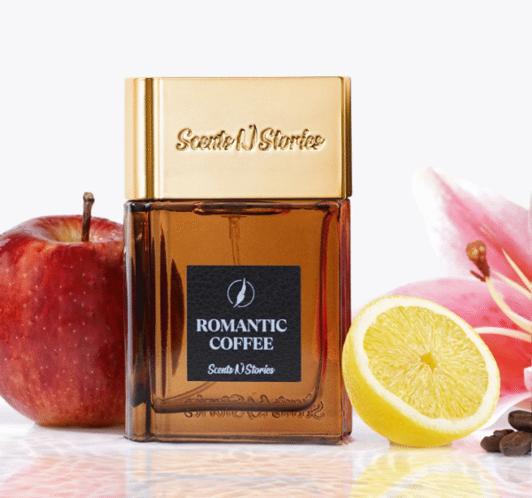 Romantic Coffee men’s amber spicy gourmand perfume spray 50ml with vanilla, coffee, and woody notes.