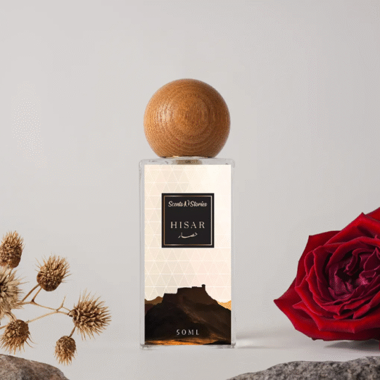 Hisar unisex amber woody perfume spray 50ml with oud, vanilla, and smoky notes.
