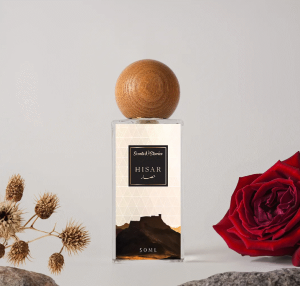 Hisar unisex amber woody perfume spray 50ml with oud, vanilla, and smoky notes.
