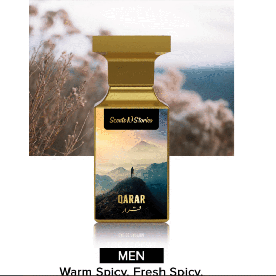 Qarar aromatic men’s perfume spray 50ml with spicy, woody, and amber accords.