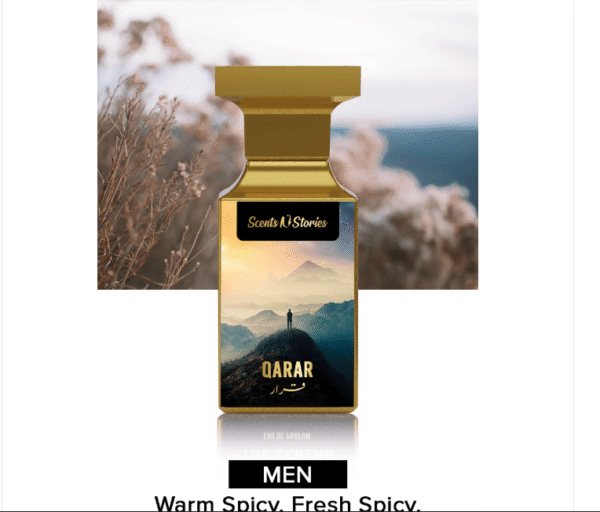 Qarar aromatic men’s perfume spray 50ml with spicy, woody, and amber accords.