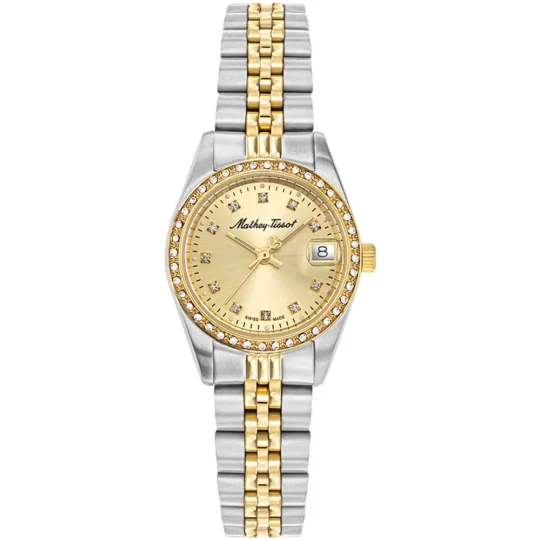 Mathey Tissot D709BDQI women’s watch with stainless steel metal band and elegant silver dial, Swiss quartz timepiece for women.