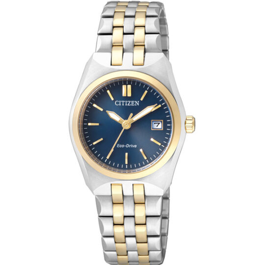 Citizen EW2294-61L women’s watch with two-tone stainless steel metal band and blue dial, Eco-Drive light-powered elegant timepiece for women.