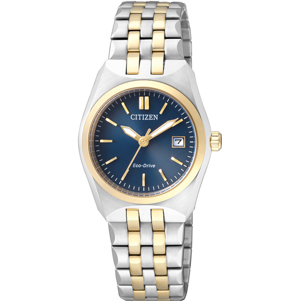 Citizen EW2294-61L women’s watch with two-tone stainless steel metal band and blue dial, Eco-Drive light-powered elegant timepiece for women.