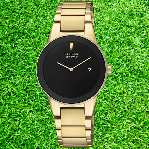 Citizen GA1052-55E ladies watch with gold-tone stainless steel band and black dial, elegant women’s wristwatch by Citizen.